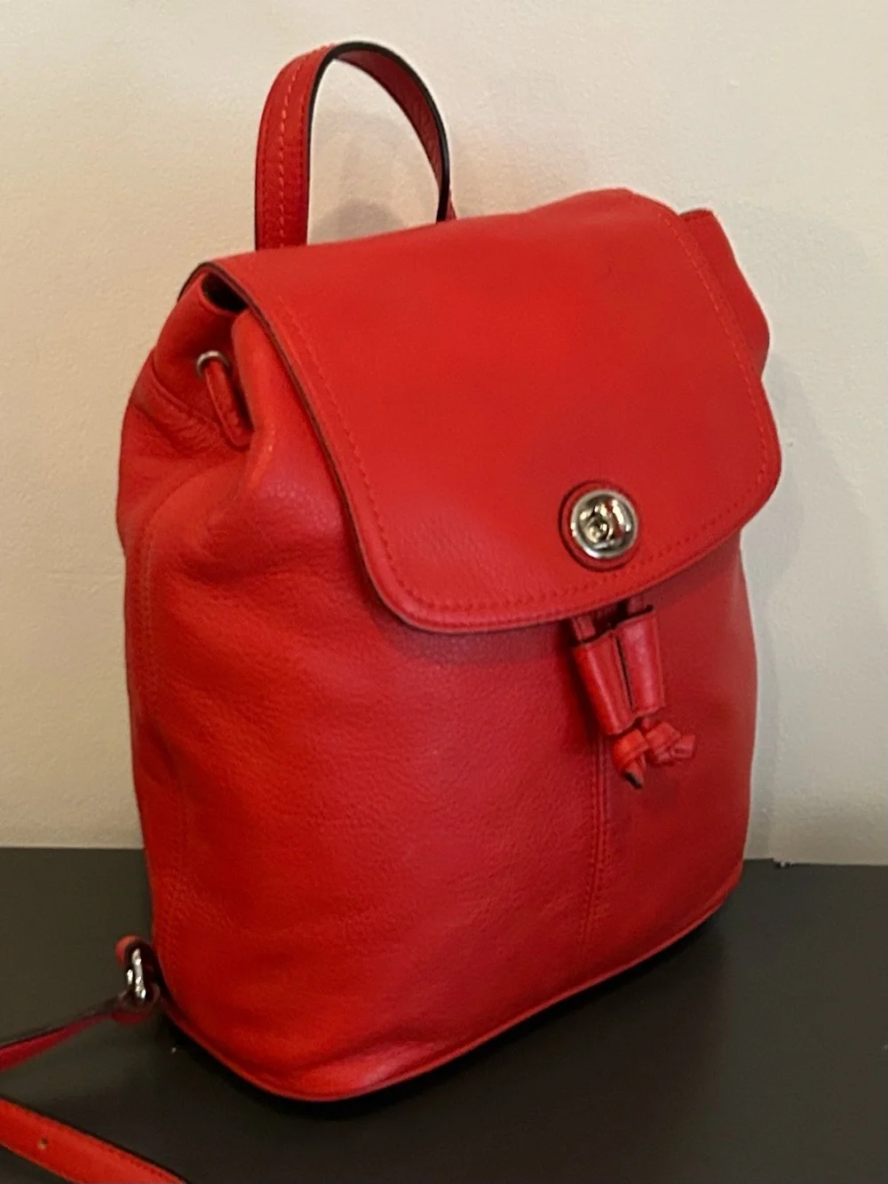 Coach Red Pebbled Leather Turnlock Drawstring Backpack Top Handle F24385
